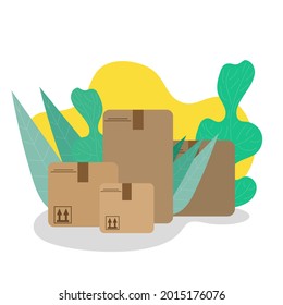 Vector illustration with boxes for delivery. Moving. Packaged boxes with trending leaves. Neat and gentle delivery in boxes. Isolated on white background.