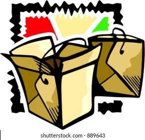 A vector illustration of boxes with fast food.