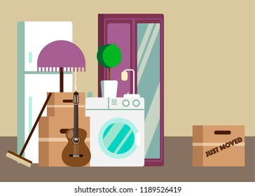 Vector illustration of boxes and furniture  after moving. Delivery and transportation. Flat design.