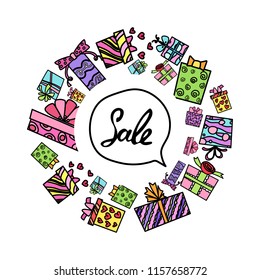 Vector illustration, boxes wreath with hand drawn lettering inside. Black outline. Can be used for promotion, sale labels, banners.