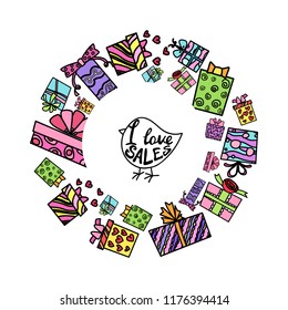 Vector illustration, boxes wreath with hand drawn lettering inside. Black outline. Can be used for promotion, sale labels, banners.