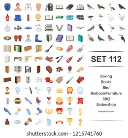 Vector illustration of boxing, book, bird, bedroom, furniture, bbq barbershop award trophy icon set.