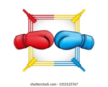 Vector illustration of boxing concept background with boxing gloves and boxing ring, top view