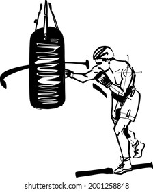 the vector illustration of the boxing fighter with punching bag