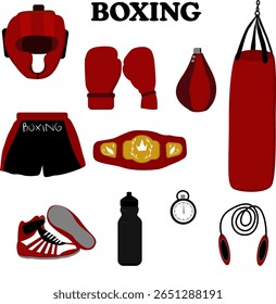 Ilustração vetorial de um conjunto de engrenagens de boxe incluindo luvas, chapelaria, saco de perfuração, shorts de boxe, cinto campeão, sapatos, temporizador, garrafa de água, saco de velocidade e corda de salto. para esportes, fitness, boxe clube 