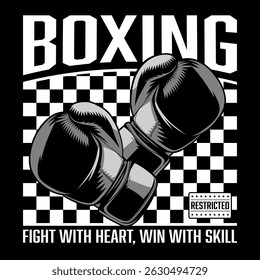 Vector illustration of boxing gloves with a checkered background and motivational text.