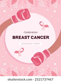 Vector illustration of boxing gloves touching against a backdrop of pink ribbons and floral designs to celebrate breast cancer awareness month.