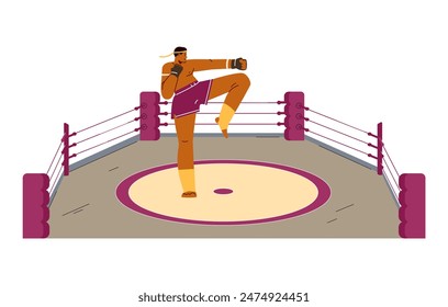 Ilustración vectorial de boxeo y combate cuerpo a cuerpo. Incluye un boxeador masculino en el ring, patadas de entrenamiento y puñetazos con uniforme deportivo y equipo