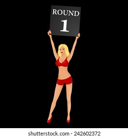 Vector illustration of boxing ring girl holding a board on black background.