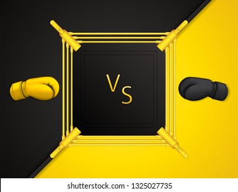 Vector Illustration Of Boxing Ring And Gloves, Top View