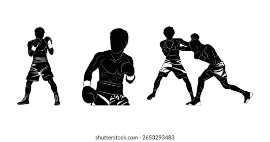 Ilustração vetorial de silhuetas de boxe mostrando várias posições de luta e poses de ação. Perfeito para esportes, fitness ou projetos de artes marciais.