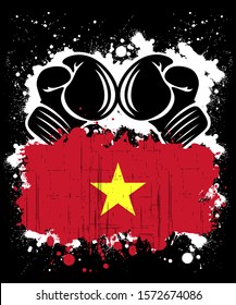 Vector illustration of a boxing sports logo with the flag of Socialist Republic of Vietnam, isolated on black background