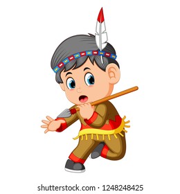 vector illustration of A boy american indian holding spear