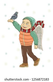 Vector illustration of a boy with angel wings, in winter clothes, holding a pigeon and smiling. Shoes, vest, hat, scarf, trousers. Christmas picture, postcard.