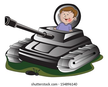 Vector illustration of a boy in army tank.