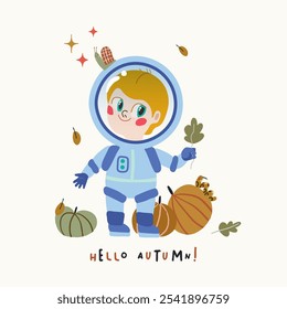 Vector illustration with a boy astronaut autumn leaves, snail and pumpkins. Autumn illustration for a postcard