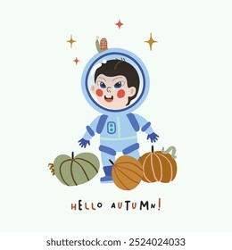 Vector illustration with a boy astronaut and pumpkins. Autumn illustration for a postcard