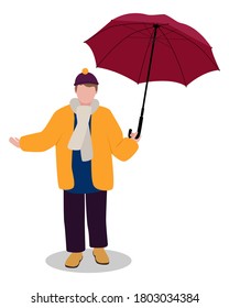 Vector illustration of a boy in an autumn jacket and with an umbrella Isolated on a white background. Child character in trending flat cartoon style