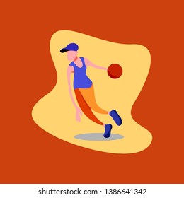 Vector illustration of a boy basketball player wearing a blue hat, blue shirt and orange pants.