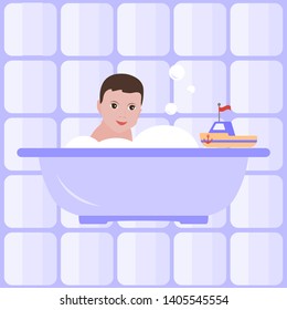 Vector illustration with boy in the bath. Bathroom. Happy childhood. Design for postcard, banner, poster or print.