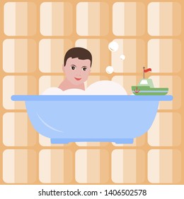 Vector illustration with boy in the bath. Bathroom. Happy childhood. Design for postcard, banner, poster or print.