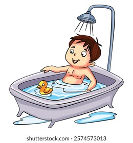 Vector illustration a boy bathing in bath tub