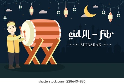vector illustration of a boy beating a drum to welcome Eid al-Fitr. with Islamic lanterns and ketupat.