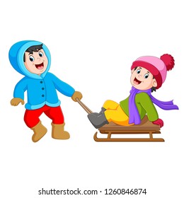vector illustration of a boy with a blue jacket is pulling the ice cart with the girl on it
