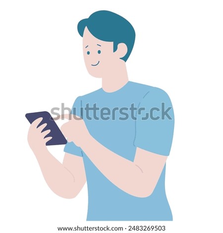 vector illustration of a boy with blue t shirt using holding mobile phone in his hand