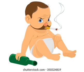 Vector illustration of a boy with bottle and cigarette