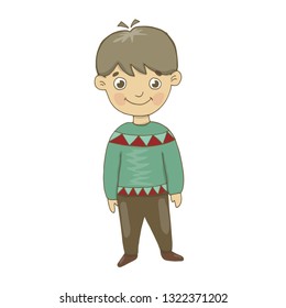 Vector illustration of a boy in brown trousers and green winter sweater. Cheerful, small, looks, smiles. Painting, postcard, winter.