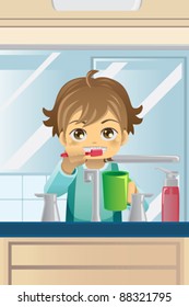 A vector illustration of a boy brushing his teeth