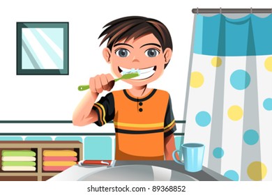 A vector illustration of a boy brushing his teeth