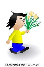 Vector illustration the boy with a bunch of flowers.