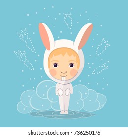 Vector illustration of a boy in a bunny costume on a snow background