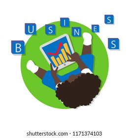 vector illustration of a boy businessman sitting with a tablet