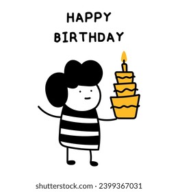 Vector illustration of a boy with a cake celebrating a birthday. Birthday card illustration.