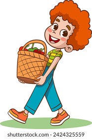 Vector illustration of boy carrying a big basket full of fresh apples