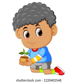 vector illustration of A boy carrying seeding for planting in soil