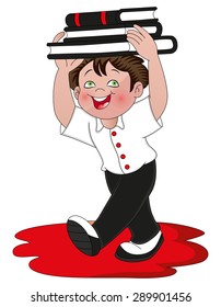 Vector illustration of boy carrying stack of books on head.