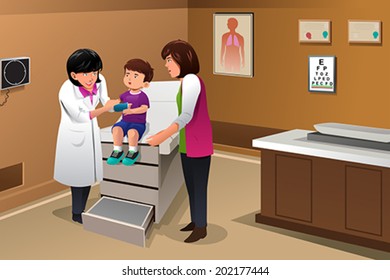 A vector illustration of boy with a cast on his arm at the doctor office