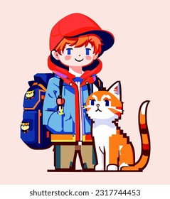 vector illustration of boy and cat cartoon