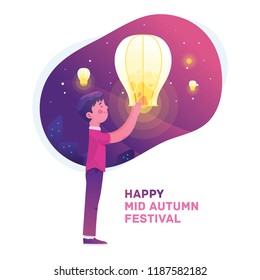 Vector Illustration  Boy Celebrate Mid Autumn Festival And Holding Lantern At Night, Flat Vector Illustration