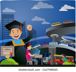 Vector illustration, a boy is celebrating graduation, with a building and overpass or urban atmosphere background.