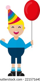 Vector illustration of a boy celebrating his birthday. Boy wearing birthday hat and holding a red balloon. Congratulations and surprise birthday parties.