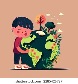 Vector Illustration of Boy Character Hugging Earth Globe With Plants And Birds On Peach Background.
