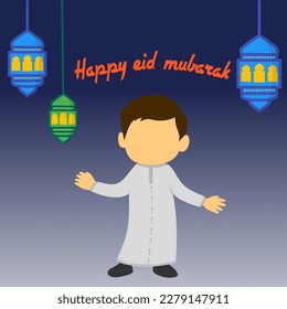ilustración vectorial de un personaje de niño con ropa islámica adecuada para el tema de vacaciones, eid mubarak, celebración islámica, fondo, pegatina, plantilla, papel tapiz