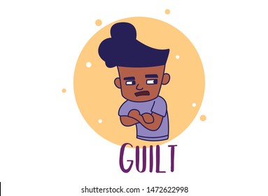 Vector illustration of boy character. Lettering guilt. Isolated on white background.