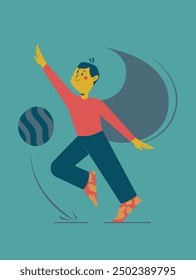 Ilustración vectorial de un personaje masculino que se imagina a sí mismo como un héroe mientras juega con una pelota. Hecho en colores brillantes con un diseño minimalista sobre un fondo azul. El personaje está aislado.
