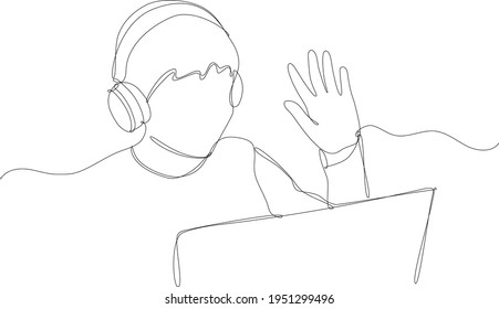 Vector illustration of boy chatting, with headphones, saluting in front of the computer. Distance learning concept, social distancing, isolation at the time of coronavirus quarantine. Continuous line 